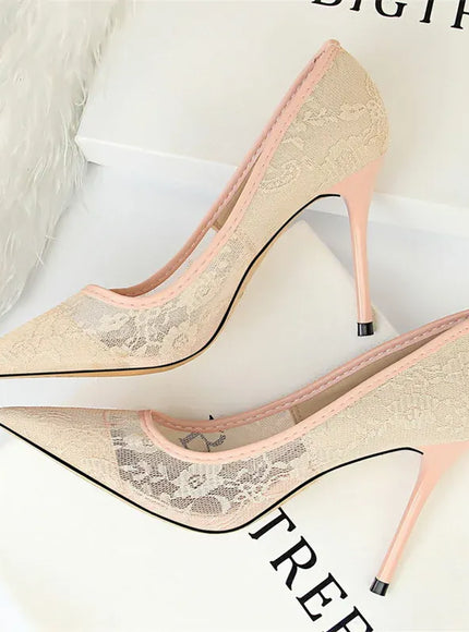 KissICON 1853-1 Pink / 40 / CHINA 2024 Black Flower Lace Mesh Pumps Women Pointed