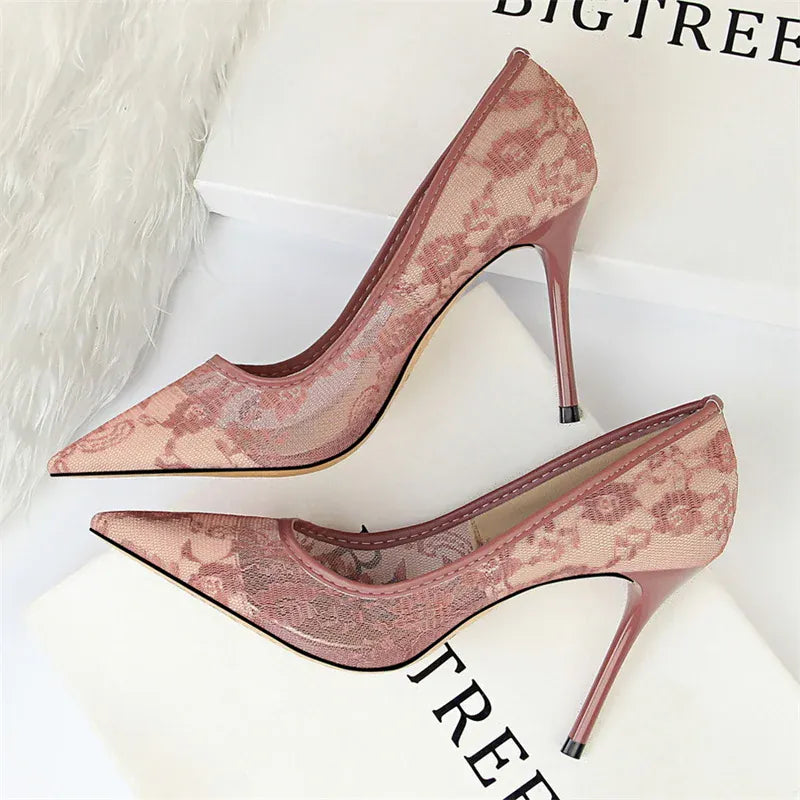 KissICON 1853-1 Purple / 40 / CHINA 2024 Black Flower Lace Mesh Pumps Women Pointed