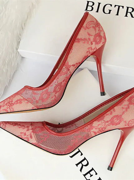 KissICON 1853-1 Red / 40 / CHINA 2024 Black Flower Lace Mesh Pumps Women Pointed