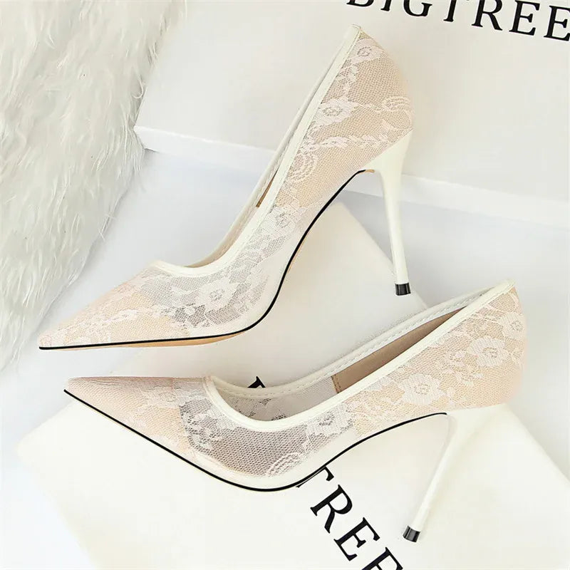 KissICON 1853-1 White / 40 / CHINA 2024 Black Flower Lace Mesh Pumps Women Pointed