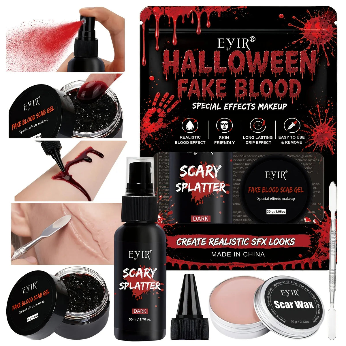 KissICON 185g Halloween SFX Makeup Kit - Skin Wax Blood Plasma, Special Effects Scar Wax, Liquid Latex, Washable Fake Blood, Fake Blood Spray