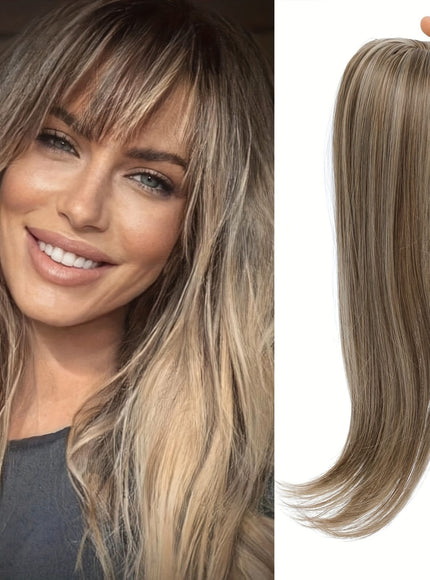 KissICON 18inch / Light Brown With Highlights 💋 Elegant Clip-In Bangs Blonde Hairpieces - 360°
