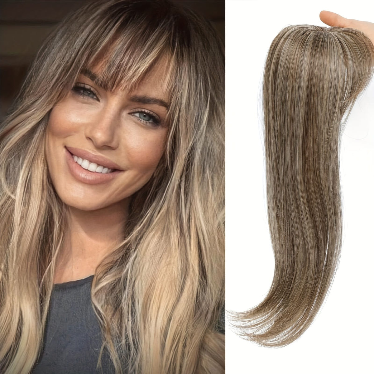KissICON 18inch / Light Brown With Highlights 💋 Elegant Clip-In Bangs Blonde Hairpieces - 360°