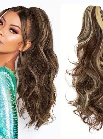 KissICON 18inch / Medium Brown & Dark Blonde KissIcon Balayage Brown Ponytail Extension 18in Claw Clip