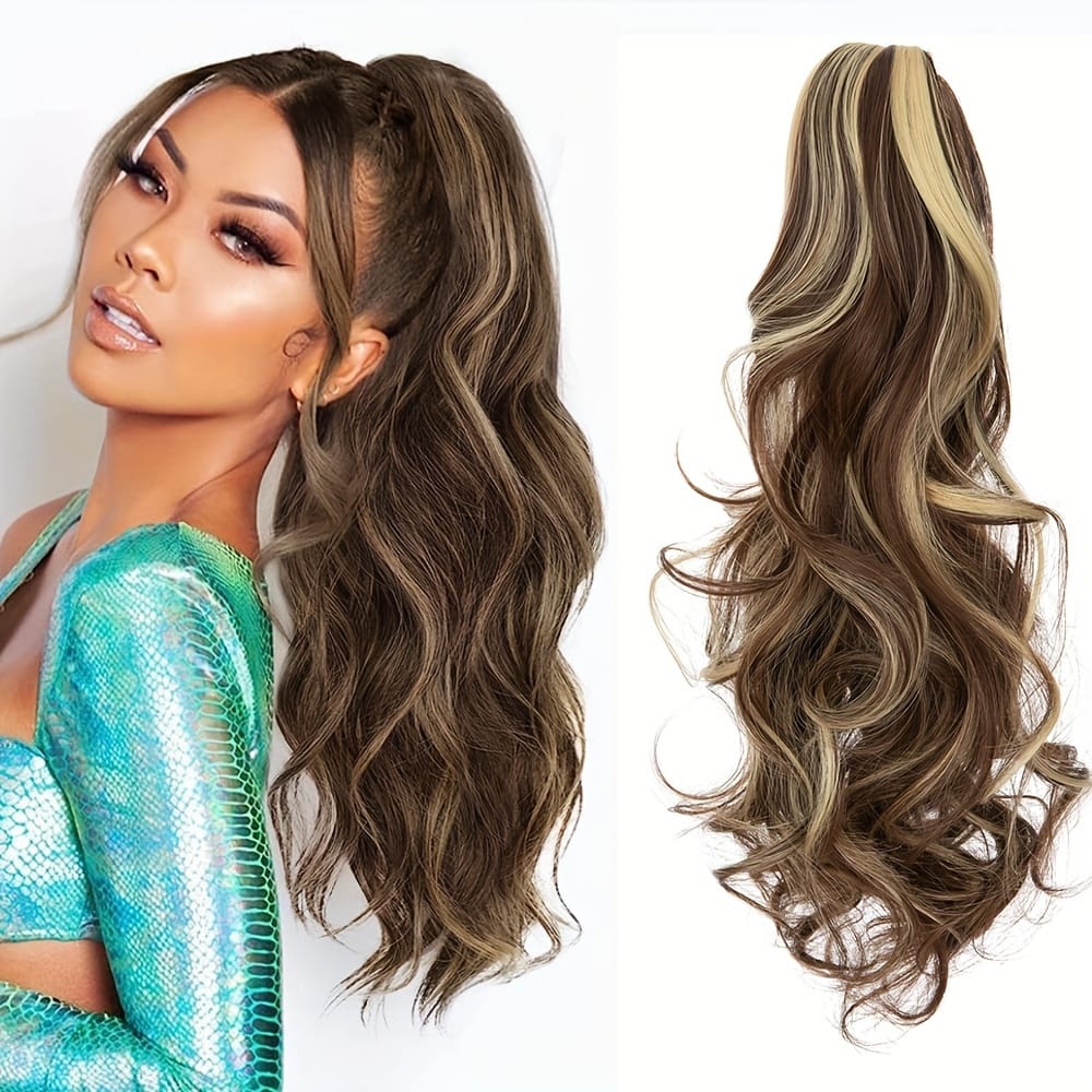 KissICON 18inch / Medium Brown & Dark Blonde KissIcon Balayage Brown Ponytail Extension 18in Claw Clip