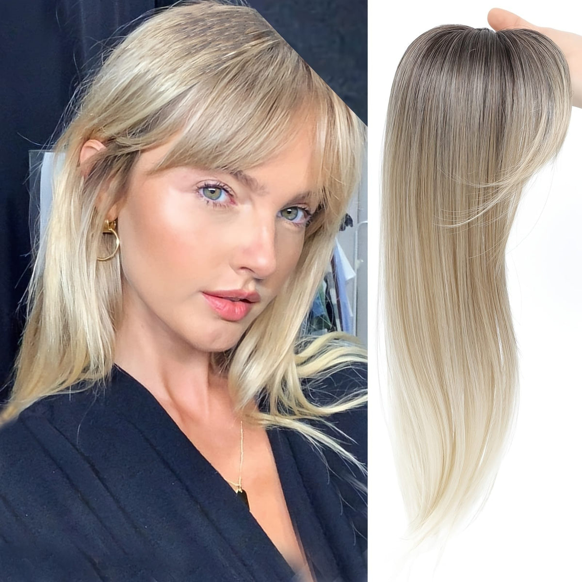 KissICON 18inch / Ombre Dark Root To Blonde 💋 Elegant Clip-In Bangs Blonde Hairpieces - 360°