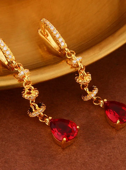 KissICON 18K Gold Tassel Earrings Red Zircon - Elegant Party Gems