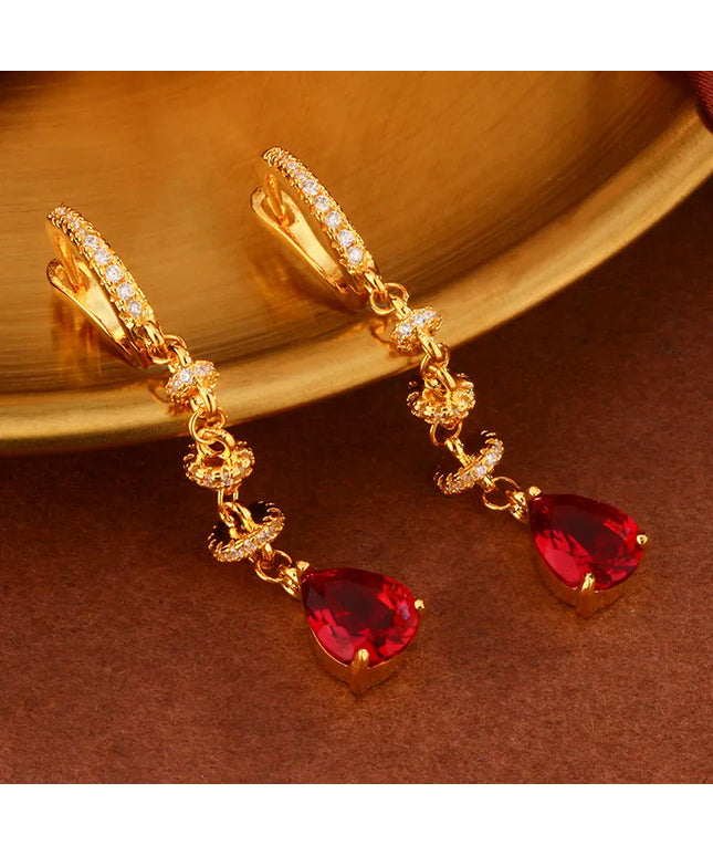 KissICON 18K Gold Tassel Earrings Red Zircon - Elegant Party Gems