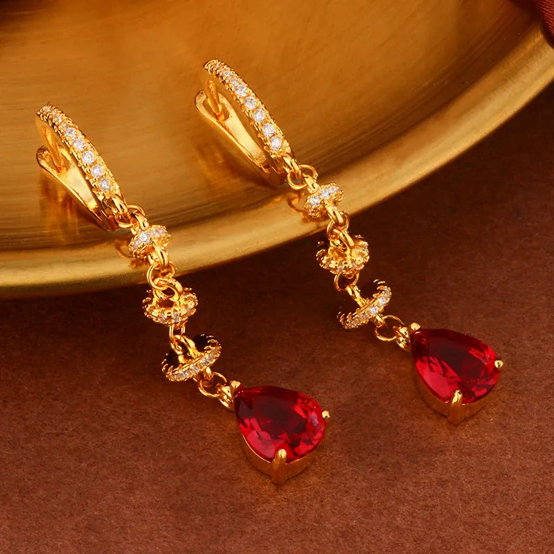 KissICON 18K Gold Tassel Earrings Red Zircon - Elegant Party Gems