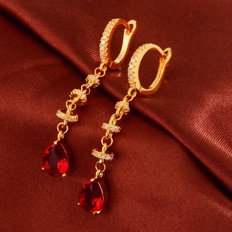 KissICON 18K Gold Tassel Earrings Red Zircon - Elegant Party Gems