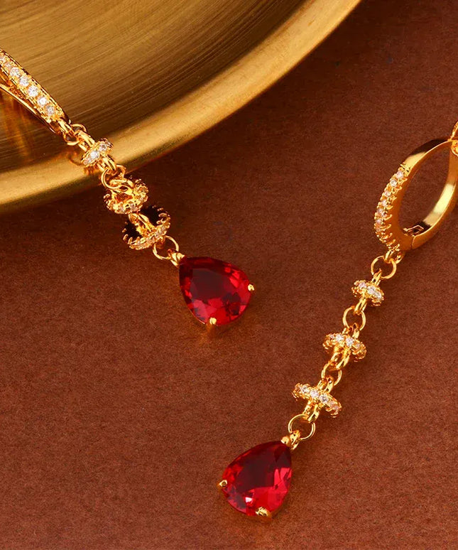 KissICON 18K Gold Tassel Earrings Red Zircon - Elegant Party Gems
