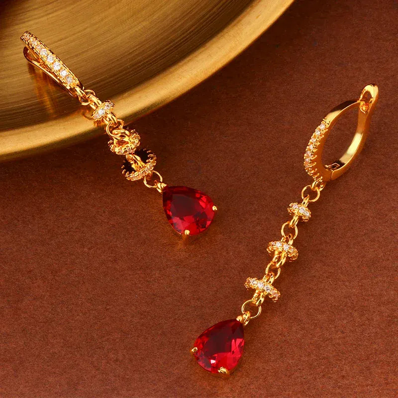 KissICON 18K Gold Tassel Earrings Red Zircon - Elegant Party Gems