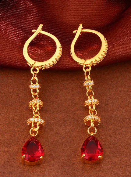 KissICON 18K Gold Tassel Earrings Red Zircon - Elegant Party Gems