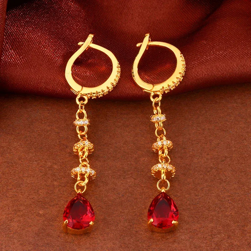 KissICON 18K Gold Tassel Earrings Red Zircon - Elegant Party Gems