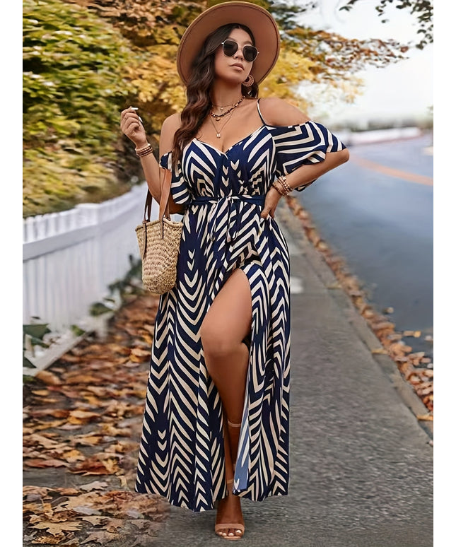 jkthpu-45 1902 Plus Size Off-Shoulder Peplum Dress - Elegant Navy & White Striped Maxi Dress with High Slit, Perfect for Summer, Casual to Formal Attire, Casual Attire|Peplum Hemline|Strapless Design