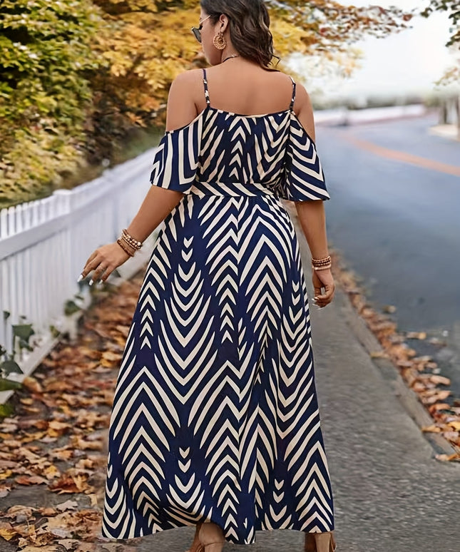 jkthpu-45 1902 Plus Size Off-Shoulder Peplum Dress - Elegant Navy & White Striped Maxi Dress with High Slit, Perfect for Summer, Casual to Formal Attire, Casual Attire|Peplum Hemline|Strapless Design