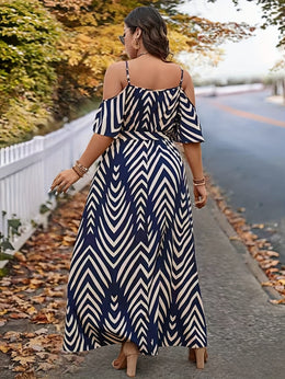 jkthpu-45 1902 Plus Size Off-Shoulder Peplum Dress - Elegant Navy & White Striped Maxi Dress with High Slit, Perfect for Summer, Casual to Formal Attire, Casual Attire|Peplum Hemline|Strapless Design