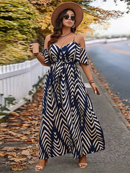 jkthpu-45 1902 Plus Size Off-Shoulder Peplum Dress - Elegant Navy & White Striped Maxi Dress with High Slit, Perfect for Summer, Casual to Formal Attire, Casual Attire|Peplum Hemline|Strapless Design