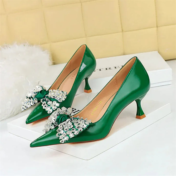 Women Green Pointed Toe Pumps Wedding Middle Low