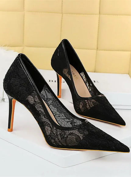 KissICON 1963-1 Black / 34(Foot22cm) / CHINA Summer Wine Red Lace Flower Women Pumps Shallow