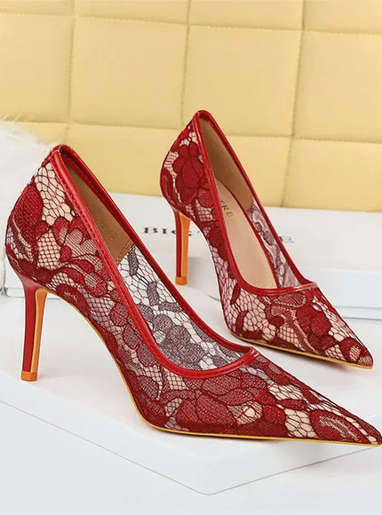 KissICON 1963-1 Claret / 34(Foot22cm) / CHINA Summer Wine Red Lace Flower Women Pumps Shallow
