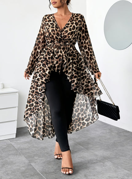 Plus Size Women's Elegant Leopard Print V-Neck Long Sleeve Blouse - Front Short Back Long Length, Semi-Sheer Lightweight Chiffon Top for Spring/Summer, Machine Washable, Chic Chiffon Blouse, Summer Fashion, Vneck Design, Leop