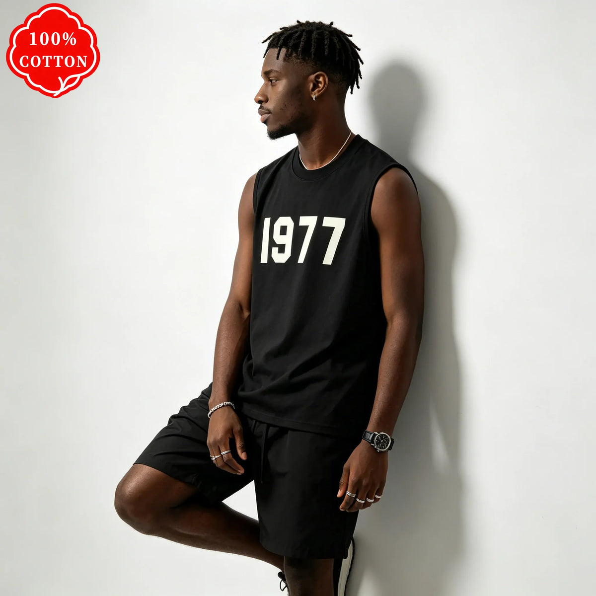 KissICON 1977 Cotton Mens Loose Sleeveless Summer Round Neck Vest