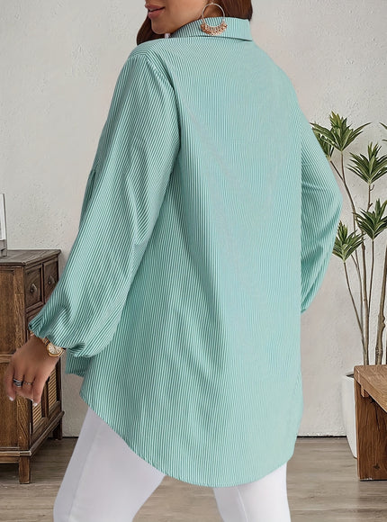 Plus Size, Women's Plus Size Oversized White & Green Horizontal Striped Button- Shirt Jacket-like Blouse - Short Sleeve-like Collar, Wrinkle-Resistant (Machine Washable) H-Line Fit for Year-Round Casual & Dressy Wear (No)