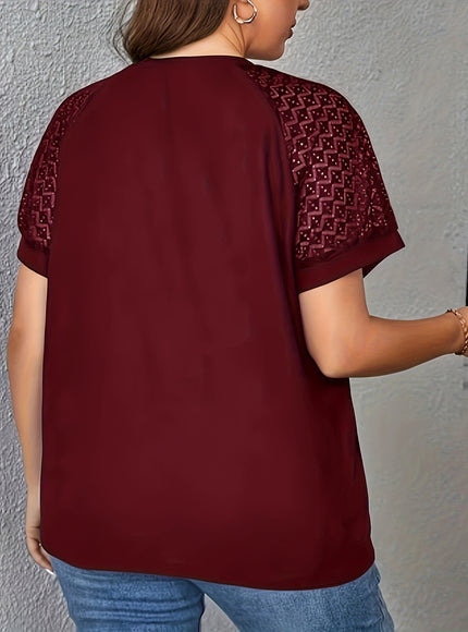 Purple Short Sleeve Elegant V-Neck Women's Plus Size T-Shirt - Contrast Lace Detail, Polyester Knit Fabric, 180gsm - Casual Top for Spring/Summer with Black Text "HANDMADE