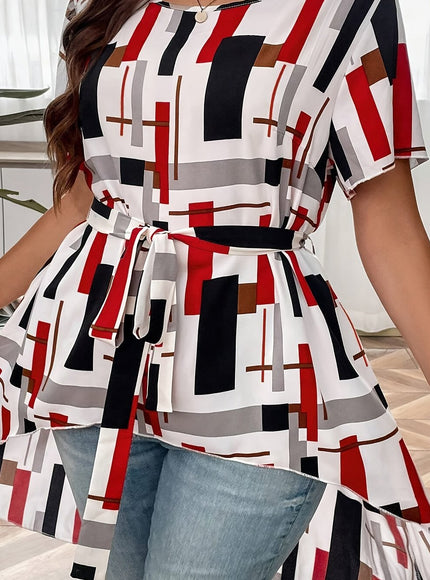 Plus Size Plaid Print Blouse, Casual Irregular Hem Crew Neck Short Sleeve Blouse, Women's Plus Size Clothing