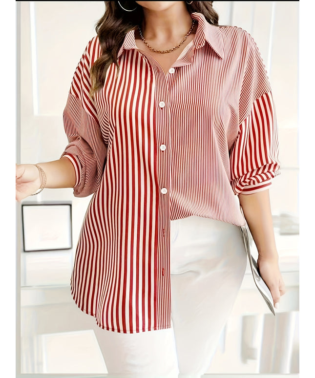 Plus Size - Women'S Red & White Striped Button-Up Shirt - Long Sleeve, Collared, Lightweight Polyester, Perfect for Spring/Fall Casual Wear, Spring Fashion | Classic Collar | Glossy Texture, Ladies Shirts