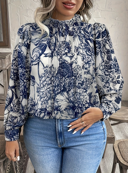 Plus Size, Women's Elegant Blouse - Long Sleeve Button-front top, Navy & White Floral pattern, Non-Stretchy Fabric for Formal & Casual Outfits - All-Season Women's Clothing