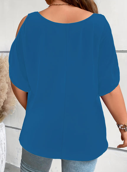 Plus Size Solid Cold Shoulder Women's Casual Crew Neck Short Sleeve T-Shirt