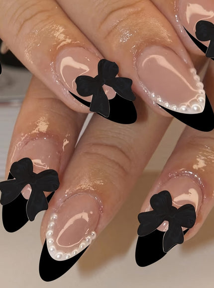 KissIcon Black French Tip Almond Nails - Glossy