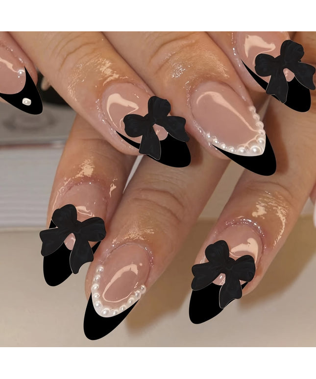 KissIcon Black French Tip Almond Nails - Glossy