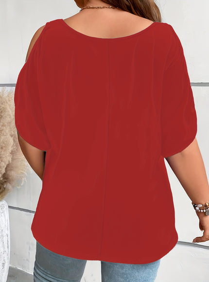 Plus Size Solid Cold Shoulder Women's Casual Crew Neck Short Sleeve T-Shirt