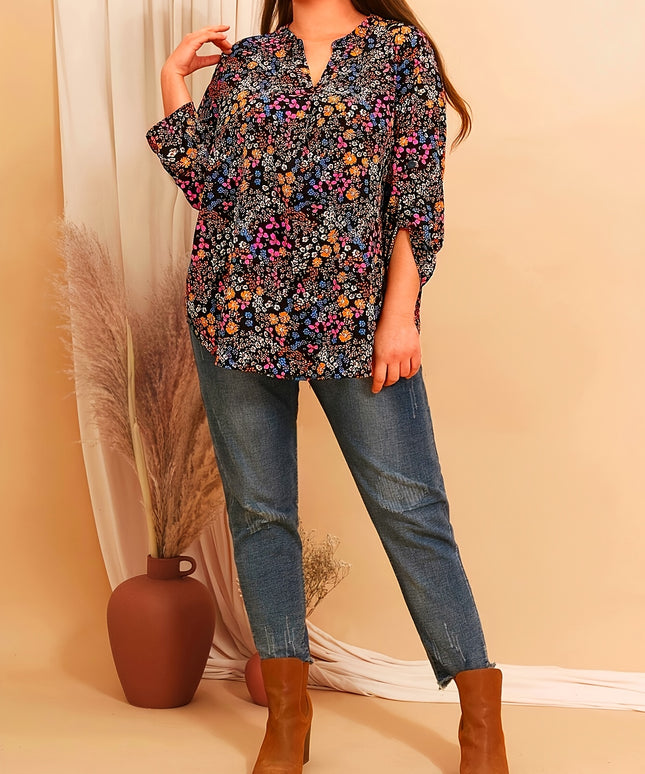 Plus Size, Women's Plus Size Floral Print V-Neck Blouse - Short Sleeve Casual & Semi-Formal Shirt with Multicolor Small Flower Pattern, Lightweight Breathable Fabric for Spring Summer Fall, Blue Pink Orange Purple on Navy (Ma