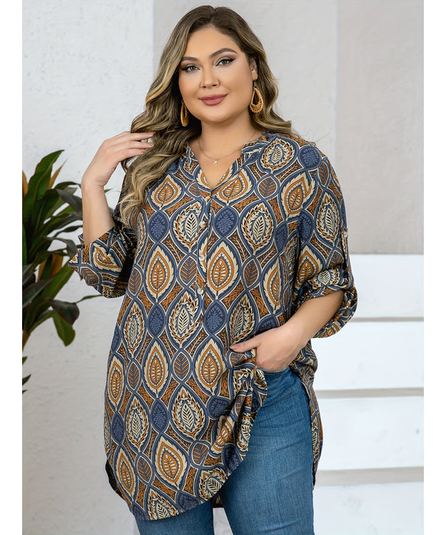 Plus Size - Women'S Plus Size Tropical Print V-Neck Blouse - Elegant Loose Fit Long Shirt with Adjustable Three-Quarter Sleeves, Half Placket & Button Front, Comfortable Casual Top for Casual Attire, Casual Attire Blouse | Vn