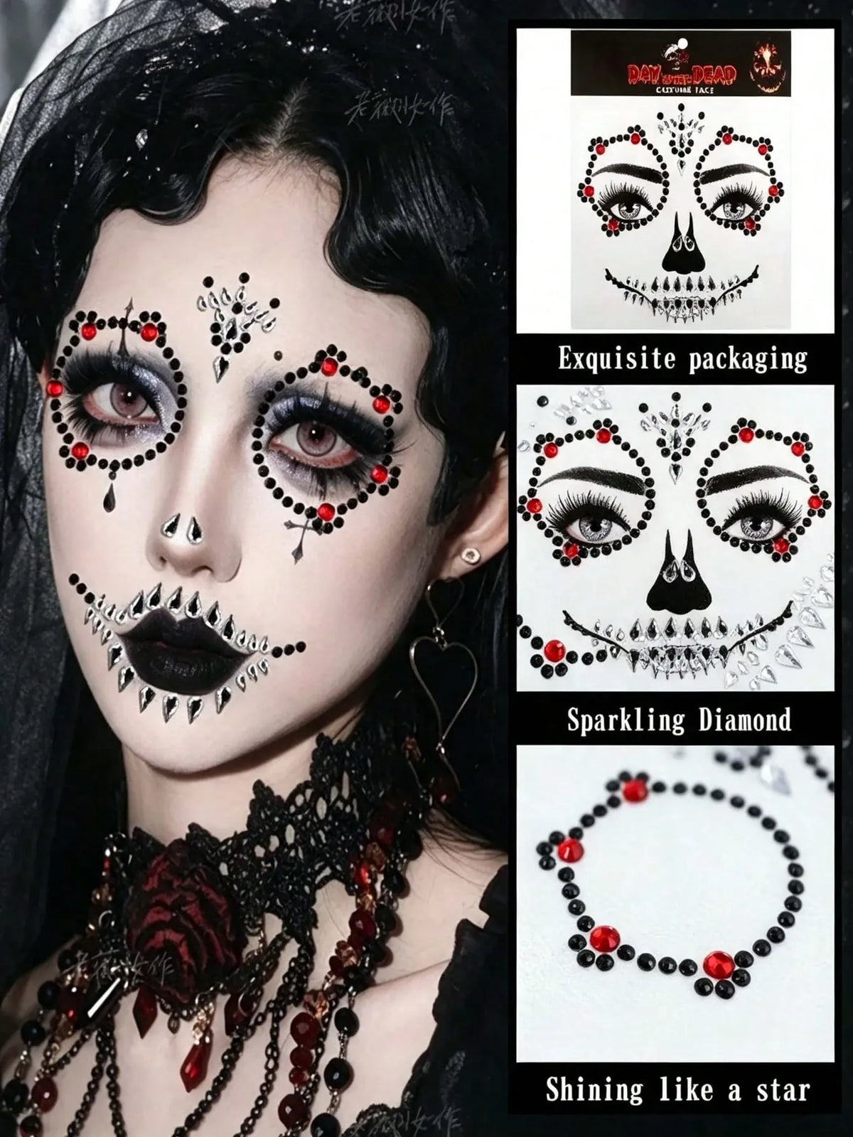 KissICON 1pc Black, White & Red Synthetic Gemstone - Exquisite Skull, Gothic, Punk Design With Round And Crown Patterns, Precisely Cut Eyes And Mouth, Suitable For Day Of The Dead, Carnival, Halloween, Music Festival, Masquerade Makeup - Easy To Apply And Remove,