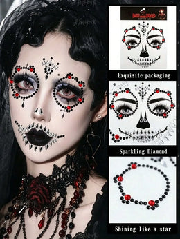 KissICON 1pc Black, White & Red Synthetic Gemstone - Exquisite Skull, Gothic, Punk Design With Round And Crown Patterns, Precisely Cut Eyes And Mouth, Suitable For Day Of The Dead, Carnival, Halloween, Music Festival, Masquerade Makeup - Easy To Apply And Remove,