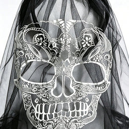 KissICON 1Pc Day Of The Dead Red Rose Flower Crown Veil, White Lace Skull Mask Headband, Halloween Gothic Black Mesh Headpiece, Women's Mexican Sugar Skull Party Cosplay Costume Accessory