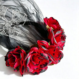 KissICON 1Pc Day Of The Dead Red Rose Flower Crown Veil, White Lace Skull Mask Headband, Halloween Gothic Black Mesh Headpiece, Women's Mexican Sugar Skull Party Cosplay Costume Accessory