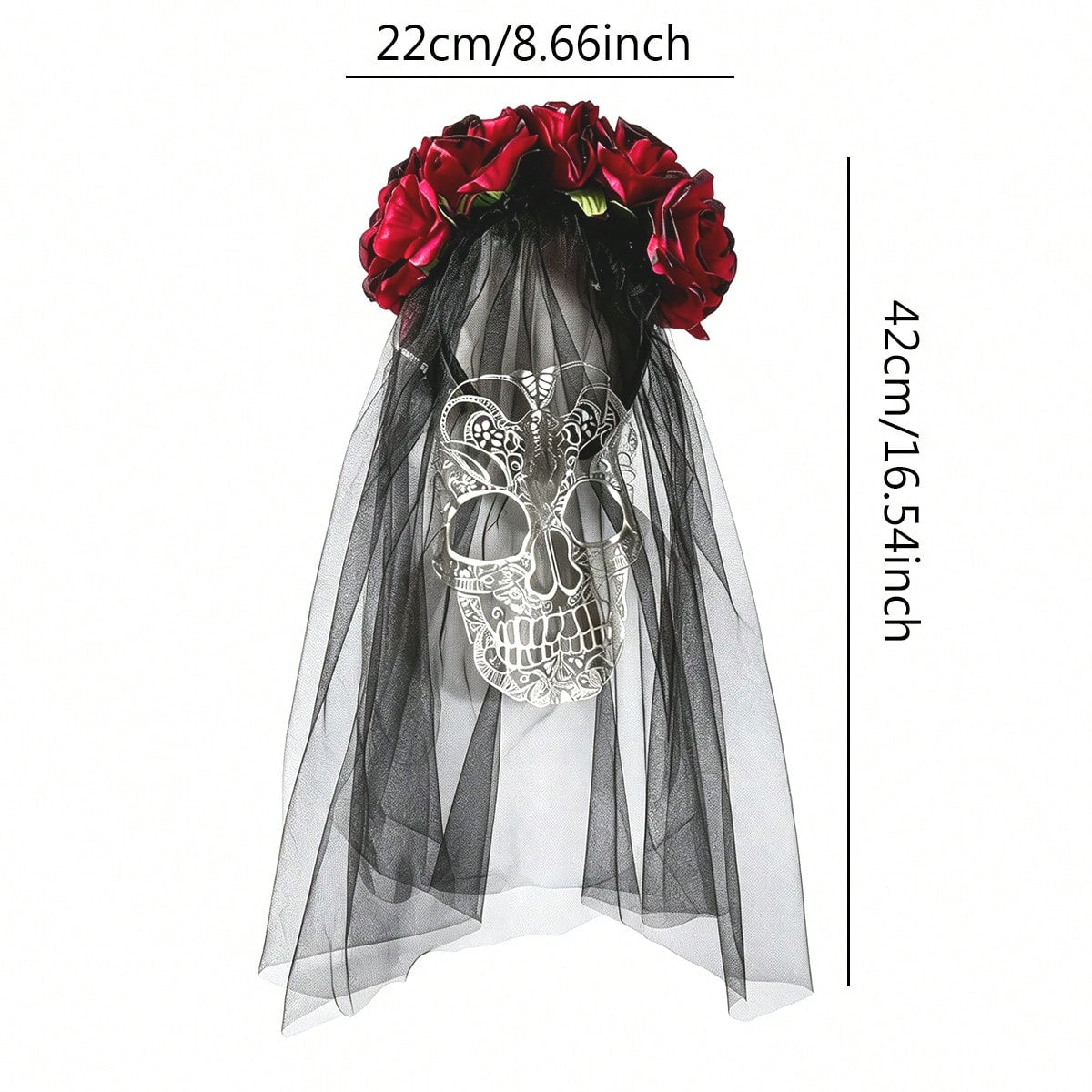 KissICON 1Pc Day Of The Dead Red Rose Flower Crown Veil, White Lace Skull Mask Headband, Halloween Gothic Black Mesh Headpiece, Women's Mexican Sugar Skull Party Cosplay Costume Accessory