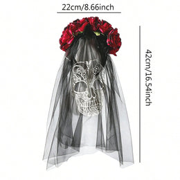 KissICON 1Pc Day Of The Dead Red Rose Flower Crown Veil, White Lace Skull Mask Headband, Halloween Gothic Black Mesh Headpiece, Women's Mexican Sugar Skull Party Cosplay Costume Accessory