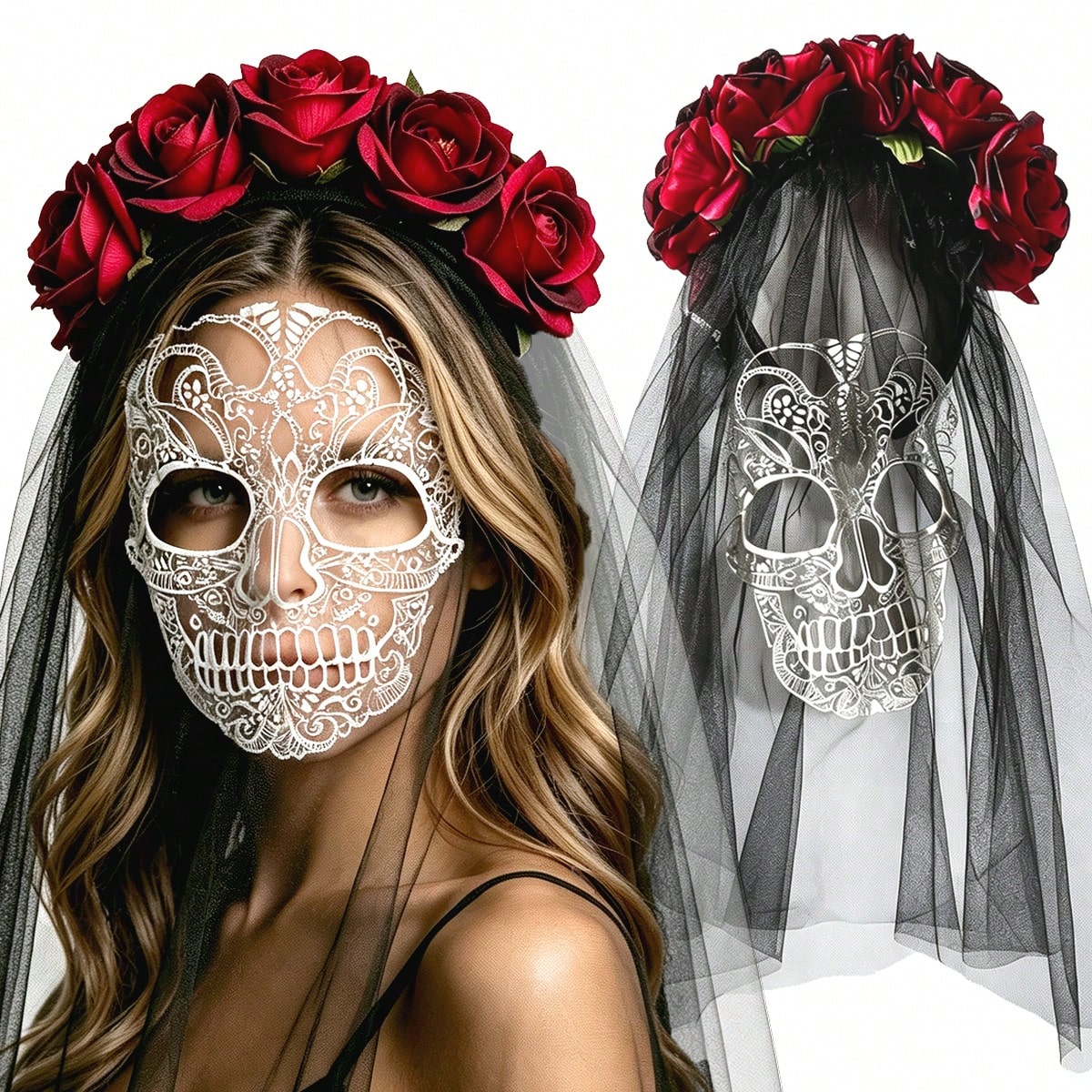 KissICON 1Pc Day Of The Dead Red Rose Flower Crown Veil, White Lace Skull Mask Headband, Halloween Gothic Black Mesh Headpiece, Women's Mexican Sugar Skull Party Cosplay Costume Accessory
