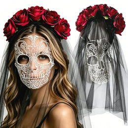 KissICON 1Pc Day Of The Dead Red Rose Flower Crown Veil, White Lace Skull Mask Headband, Halloween Gothic Black Mesh Headpiece, Women's Mexican Sugar Skull Party Cosplay Costume Accessory