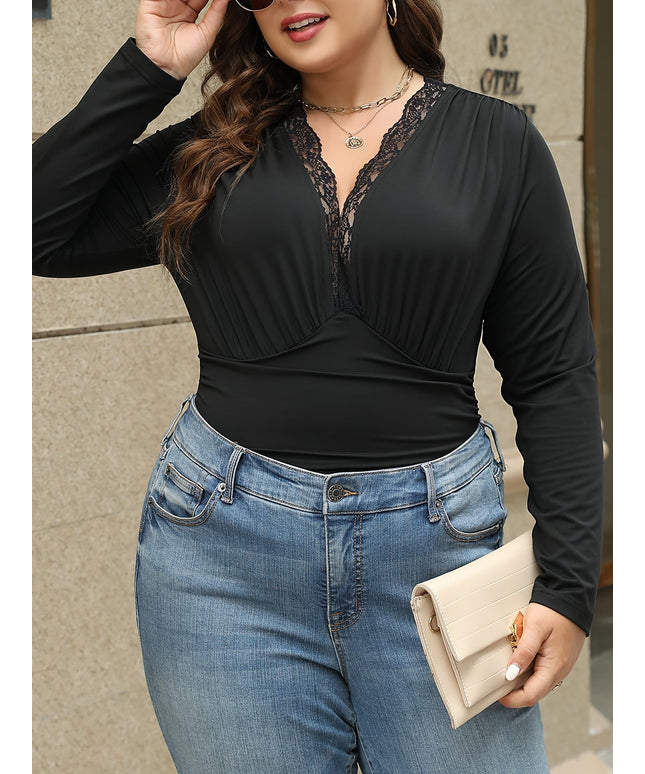 jkthpu-45 1pc Elegant Plus Size V-Neck Knit Bodysuit -