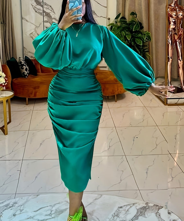 jkthpu-45 1pc Elegant Polyester Satin Midi Dress for Women - 95% Polyester 5% Elastane, Crew Neck, Long Lantern Sleeves, Draped Bodycon, Solid Color, Woven Fabric, Medium Stretch, for Evening, Birthday, Club Party - Spring/Summer/Fall