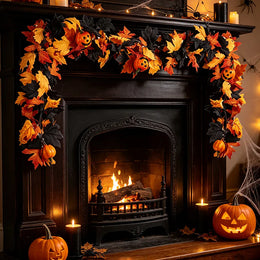 KissICON 1Pc Halloween Garland Decorations Black Fall Leaves Vine with 3D Pumpkin Thanksgiving Harvest Festival Home Fireplace Mantle Decor