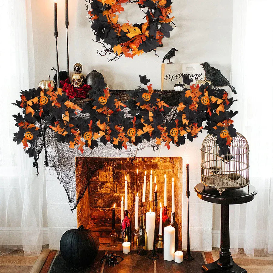 KissICON 1Pc Halloween Garland Decorations Black Fall Leaves Vine with 3D Pumpkin Thanksgiving Harvest Festival Home Fireplace Mantle Decor